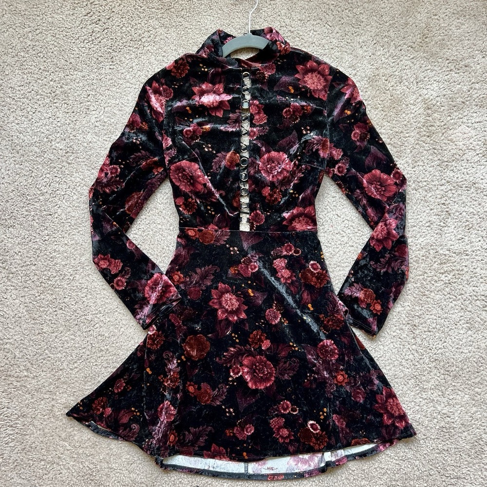 Top Shop Black Velvet Floral Print Short Dress Long Sleeve Corset Back Size US 2
